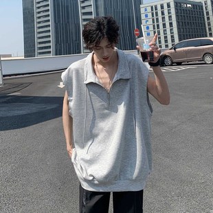 夏季 短袖 t恤美式 浅灰色半拉链翻领背心男潮牌设计C感重磅坎肩无袖