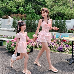 夏季 亲子泳衣k母女保守粉色挂脖可爱公主中小女童儿童温泉泳 新款