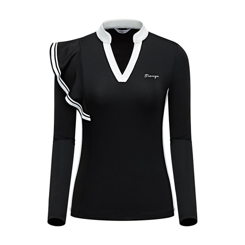 新款高尔夫女装春秋长袖T恤V领显廋设计荷O叶边修身运动上衣速干