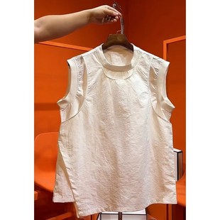 潮 汗衫 运动轻薄假两件泡泡纱背心男夏季 B设计感小领口坎肩T恤无袖