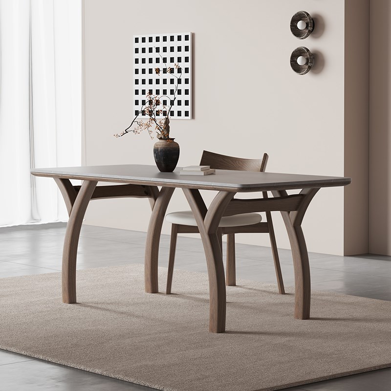 实木岩板餐桌现代胡桃色饭桌家用诧寂风灰色长方形岩板餐桌