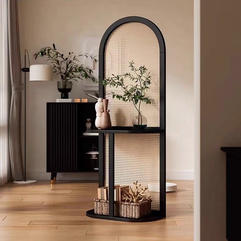 复古藤编屏风隔断客厅入户玄关遮挡可移动实木座屏侘寂风置物花架