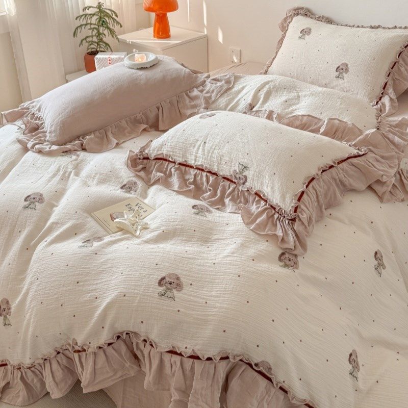 可爱狗狗皱皱纱四件套双层纱y全棉公主风卡通被套床单少女床品,床上用品,床品套件/四件套/多件套,淘宝优惠券,粉丝福利购,淘宝优惠卷