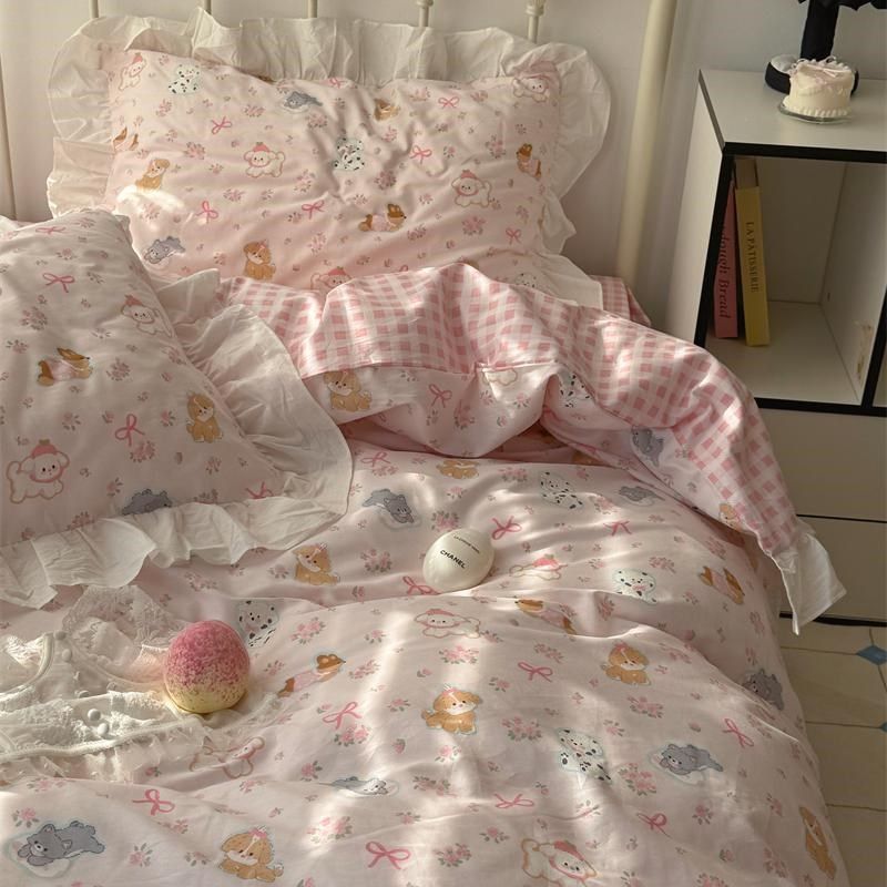 梨梦 浪漫碎花犬 可爱卡通四A件套花边款全棉床单被套床上用品,床上用品,床品套件/四件套/多件套,淘宝优惠券,粉丝福利购,淘宝优惠卷