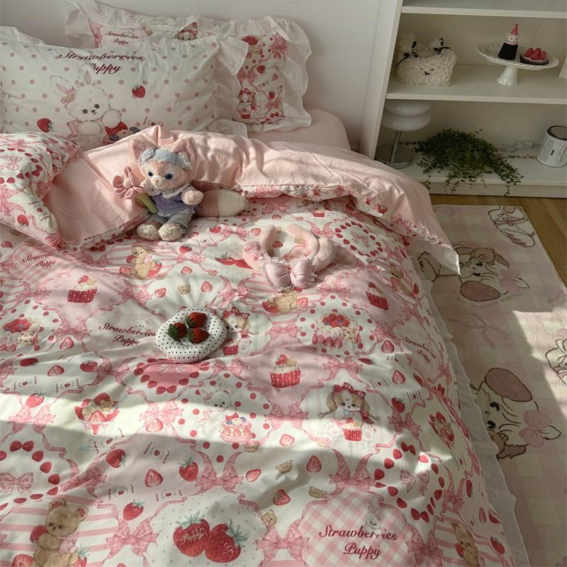 梨梦 草莓冰淇淋 少女心可爱卡通四件套全棉S床单被套床上用品,床上用品,床品套件/四件套/多件套,淘宝优惠券,粉丝福利购,淘宝优惠卷