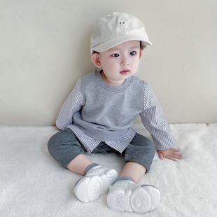 春秋男宝婴幼儿新生儿婴儿长袖爬服帅气条N纹拼接连身衣周岁爬服