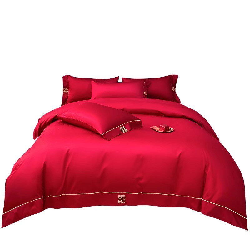 中式简约刺绣结婚四件套大红色新婚陪嫁被K套婚庆床上用品婚房备,床上用品,婚庆床品套件,淘宝优惠券,粉丝福利购,淘宝优惠卷