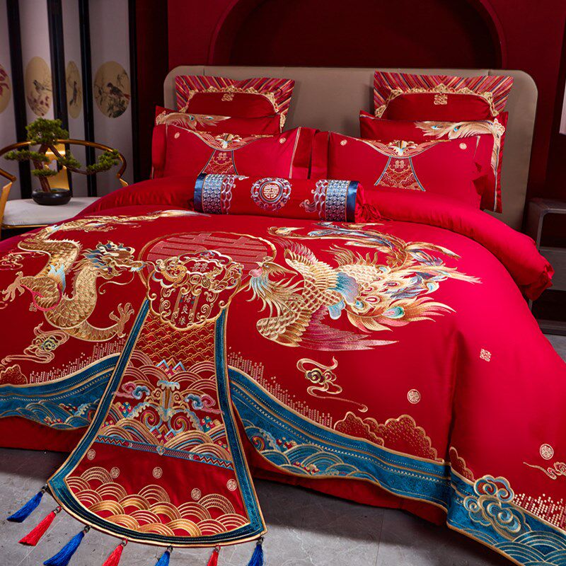 120支全棉婚庆四件套大红色z长绒棉龙凤刺绣结婚喜被床上用品4,床上用品,婚庆床品套件,淘宝优惠券,粉丝福利购,淘宝优惠卷