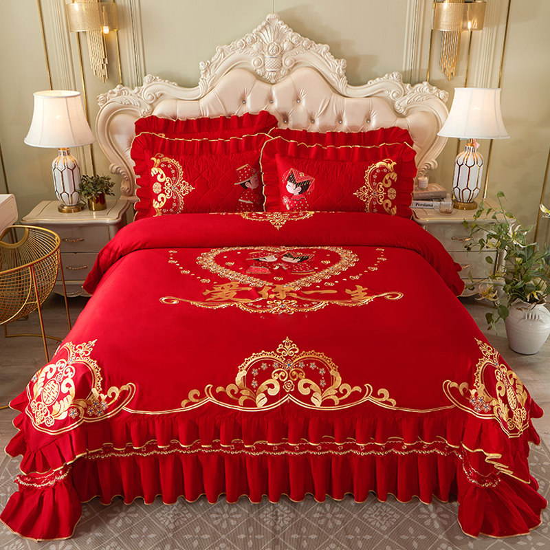 中式结婚庆全棉床盖四件套A高级感刺绣花被套大红床上用品,床上用品,婚庆床品套件,淘宝优惠券,粉丝福利购,淘宝优惠卷
