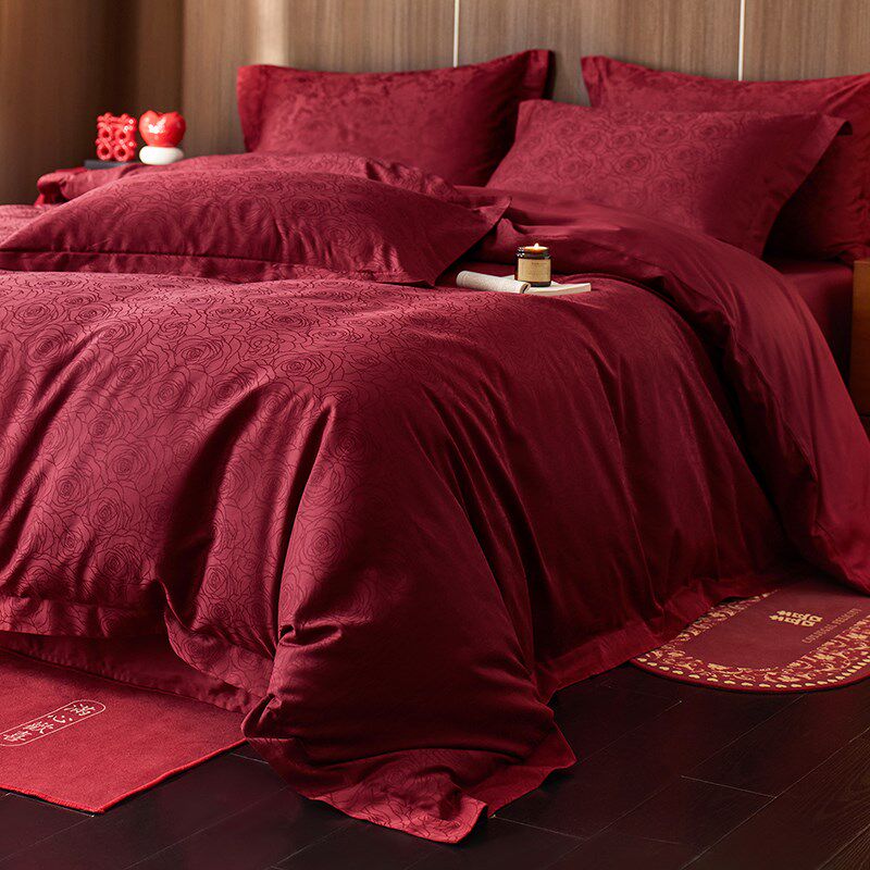 酒红色婚庆100支长绒棉四件套全棉提花结婚床单被套Z床上用品8,床上用品,婚庆床品套件,淘宝优惠券,粉丝福利购,淘宝优惠卷