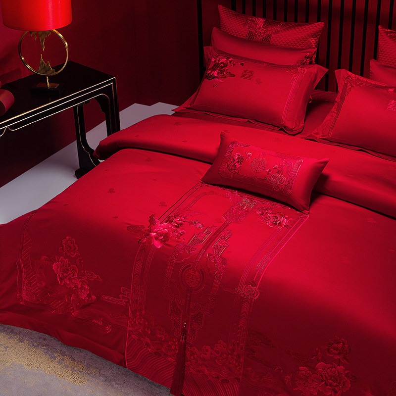 绣花植物花卉全棉结婚四件套y大红色被套婚庆陪嫁奢华床上用品,床上用品,婚庆床品套件,淘宝优惠券,粉丝福利购,淘宝优惠卷