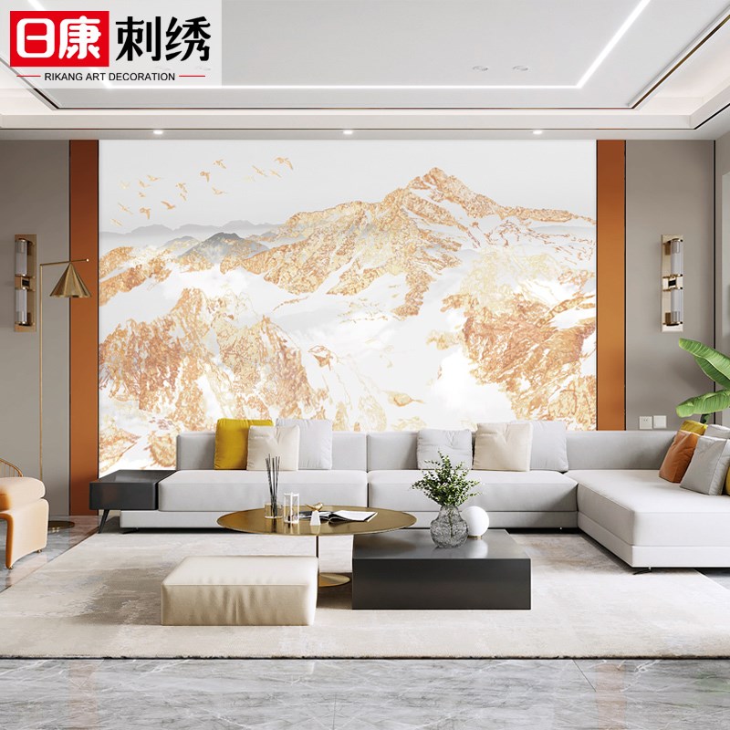 独秀刺绣墙布新书房会客厅电视沙发背景壁布金山堆金叠玉