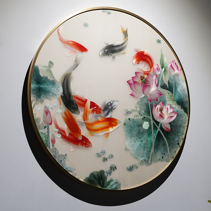 手工年年余圆形带框饰画玄书房客厅新成品刺绣挂画