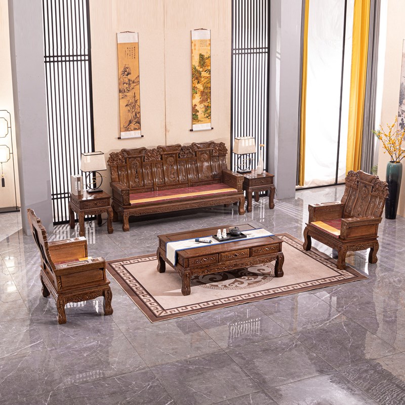红木家具鸡翅木麒麟沙发古典原木客厅榫卯雕花五六件套实木沙发