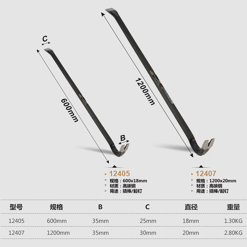 麦思德撬棍 撬棒钉器 橇杠翘棍汽修胎棍拆木箱木工拔钉工具拆钉