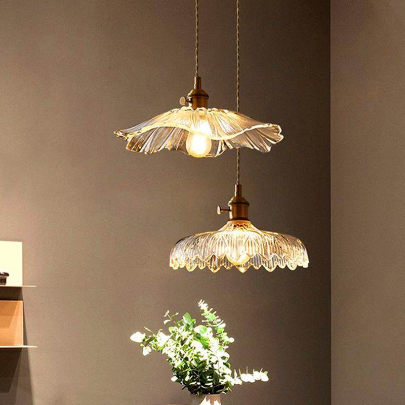 日式餐厅小吊灯北欧全铜床头玄关阳台过道吧台复古玻璃花朵灯具