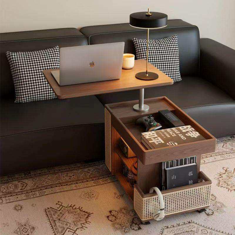 实木可移动边几巴士升降茶几家用客厅沙发边柜子中古风小推车简易