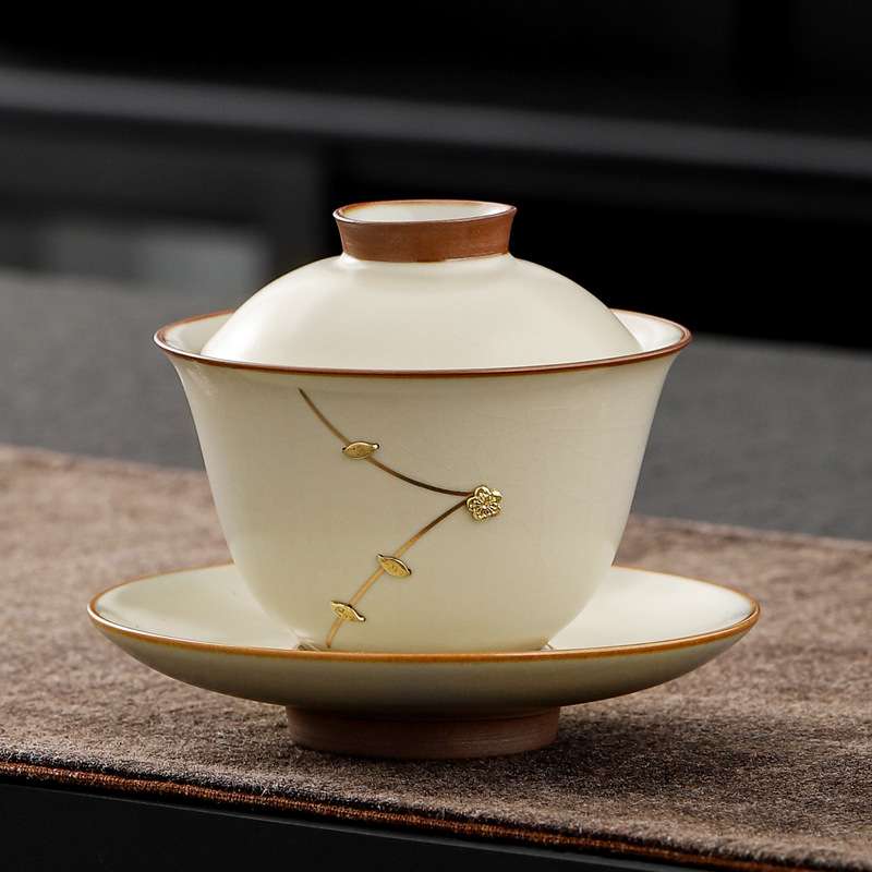 锔钉汝窑盖碗茶杯单个家用禅翼开片泡茶碗喝茶杯三才碗日式高档