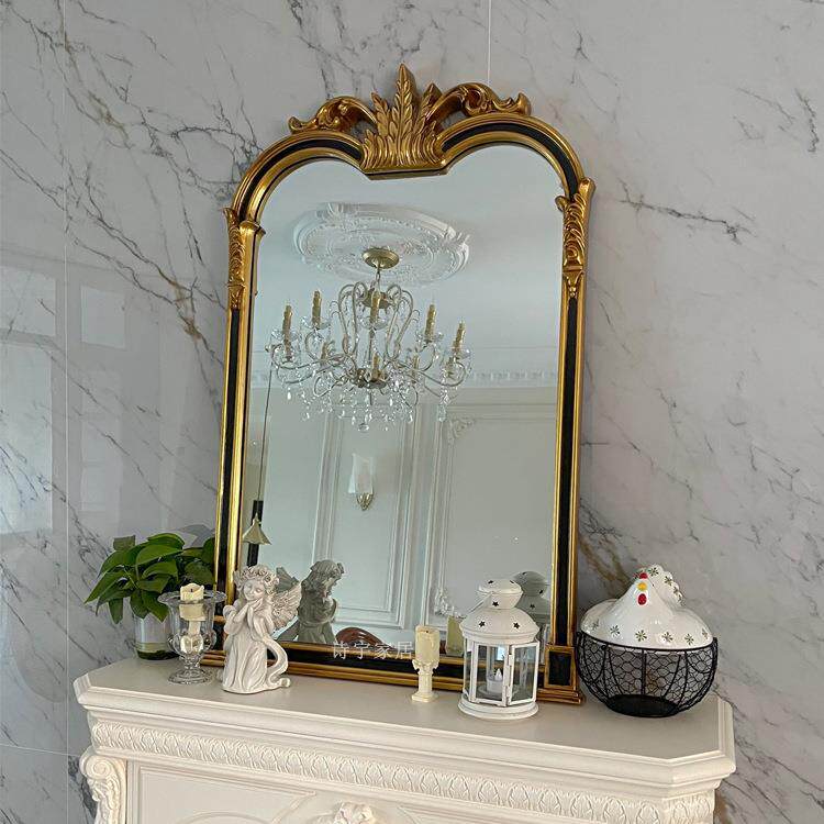 法式复古浴室化妆镜台式雕花桌面欧式梳妆镜美式壁炉装饰镜子挂墙