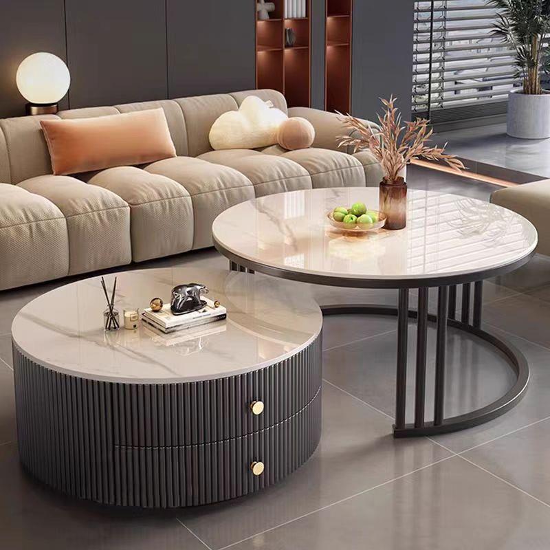 岩板茶几现代简约实木圆形小户型茶几客厅轻奢家用极简折叠大理石