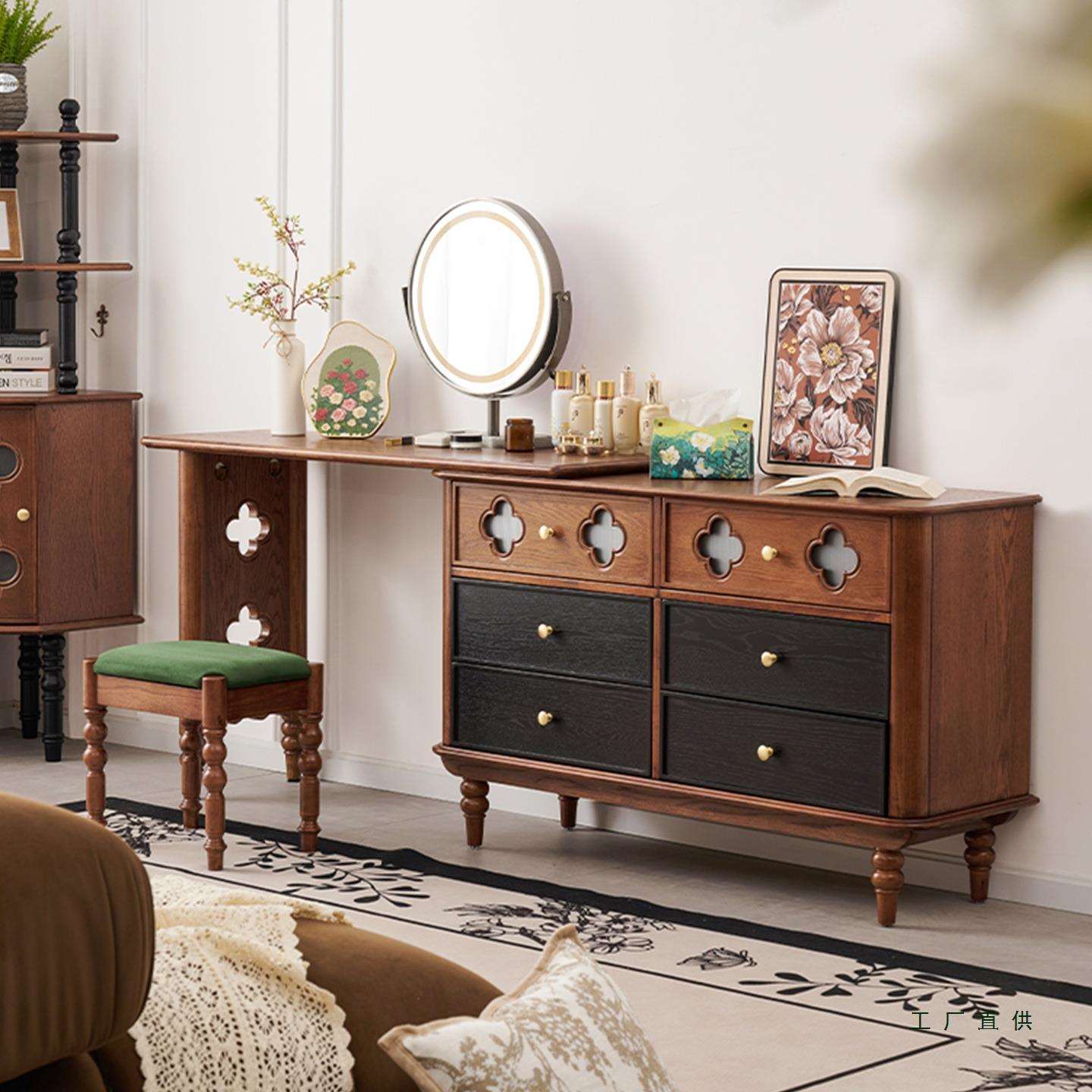 法式复古纯实木六斗柜梳妆台书桌一体组合中古风白蜡木卧室收纳柜