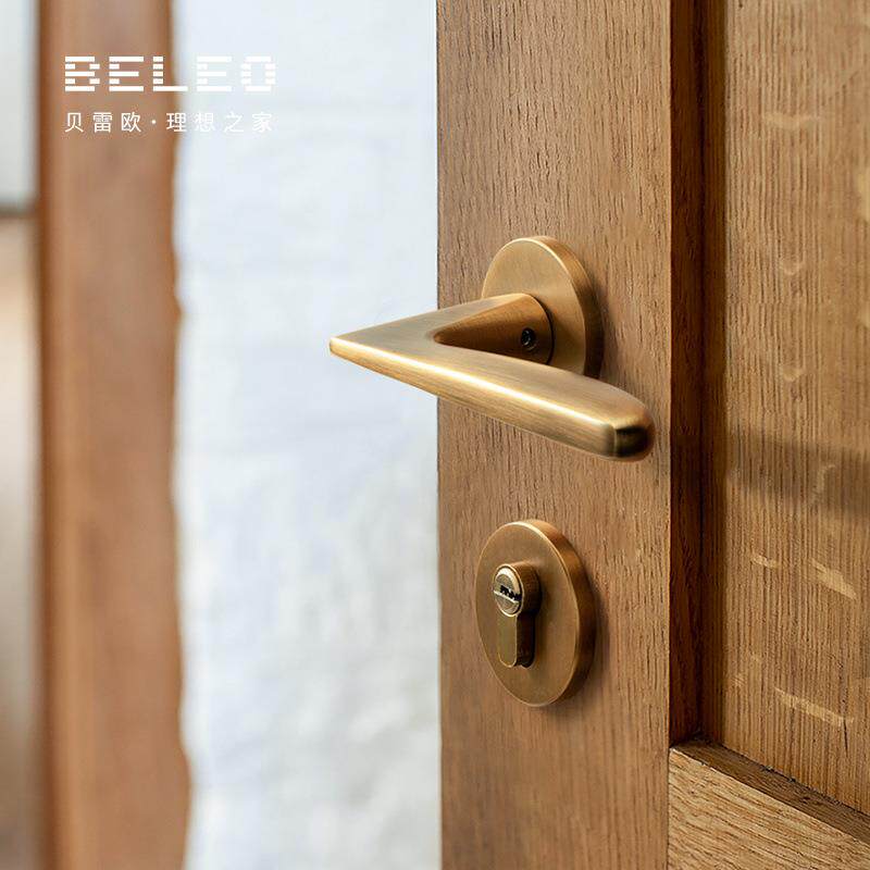 中式黄古铜门锁室内房间卧室房门复古把手分体磁吸家用静音门把手