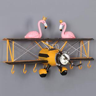 仿古做旧飞机钟飞机造型置物架壁饰壁挂挂钩钟表创意铁艺墙壁装饰