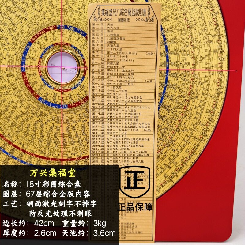 万兴集福堂18寸67层42大号罗盘三合综合罗经仪纯铜面板三线合一