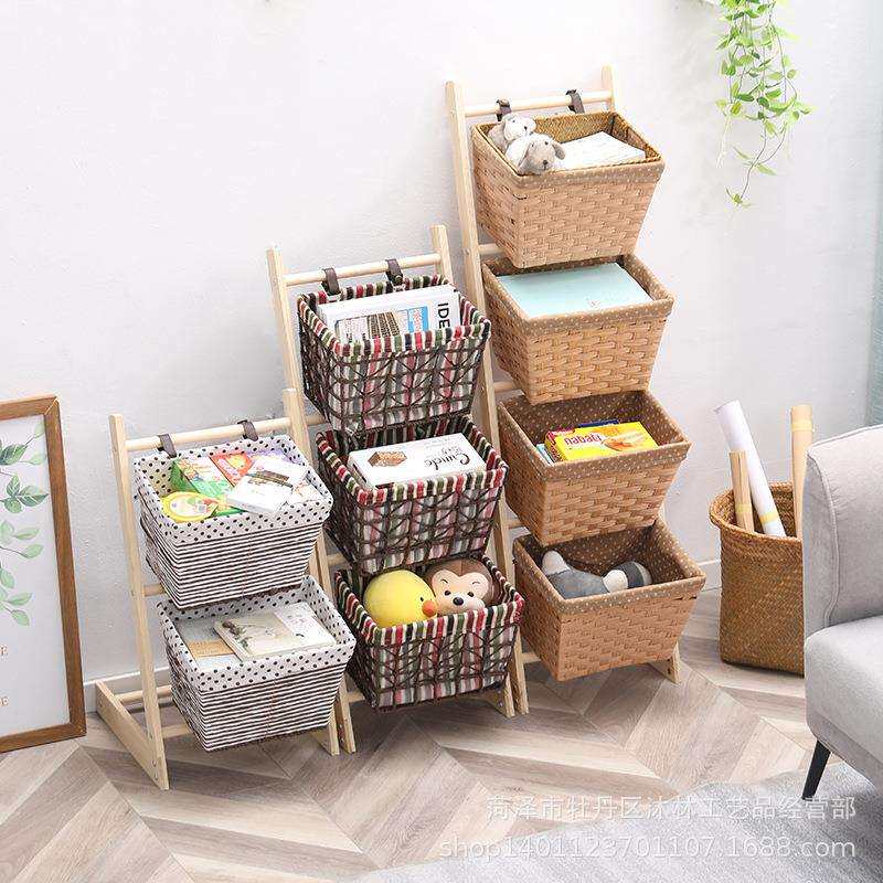 收纳篮藤编多层木质布艺田园书报架筐储物架置物架客厅落地收纳筐