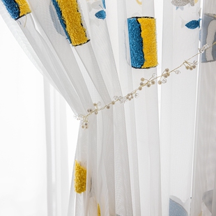 儿童房帘纱帘男孩卧室飘绣小鱼免打成品