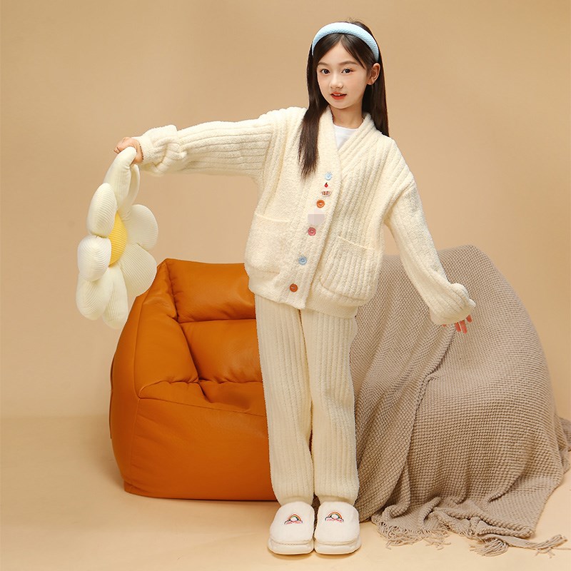 软绵绵女童睡衣冬季新款珊瑚绒加厚亲子开衫可外穿母女家居服套装
