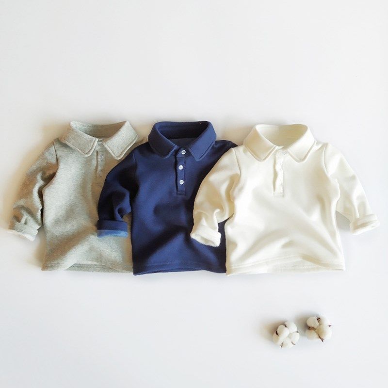 男童儿童宝宝加绒厚polo衫卫衣翻领打底衫上衣秋冬款一体绒白色
