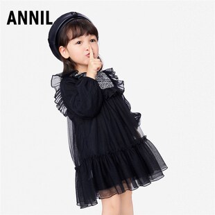安奈儿女童装长袖圆领连衣裙2023秋季新款甜美休闲拼接A字网纱裙