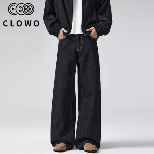 CLOWO原牛黑宽松阔腿牛仔裤