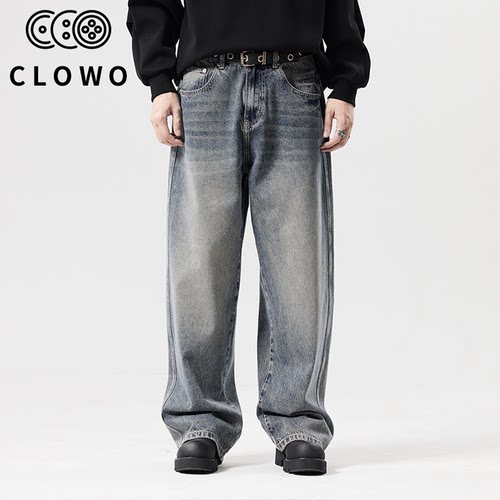 CLOWO复古美式宽松阔腿牛仔裤男