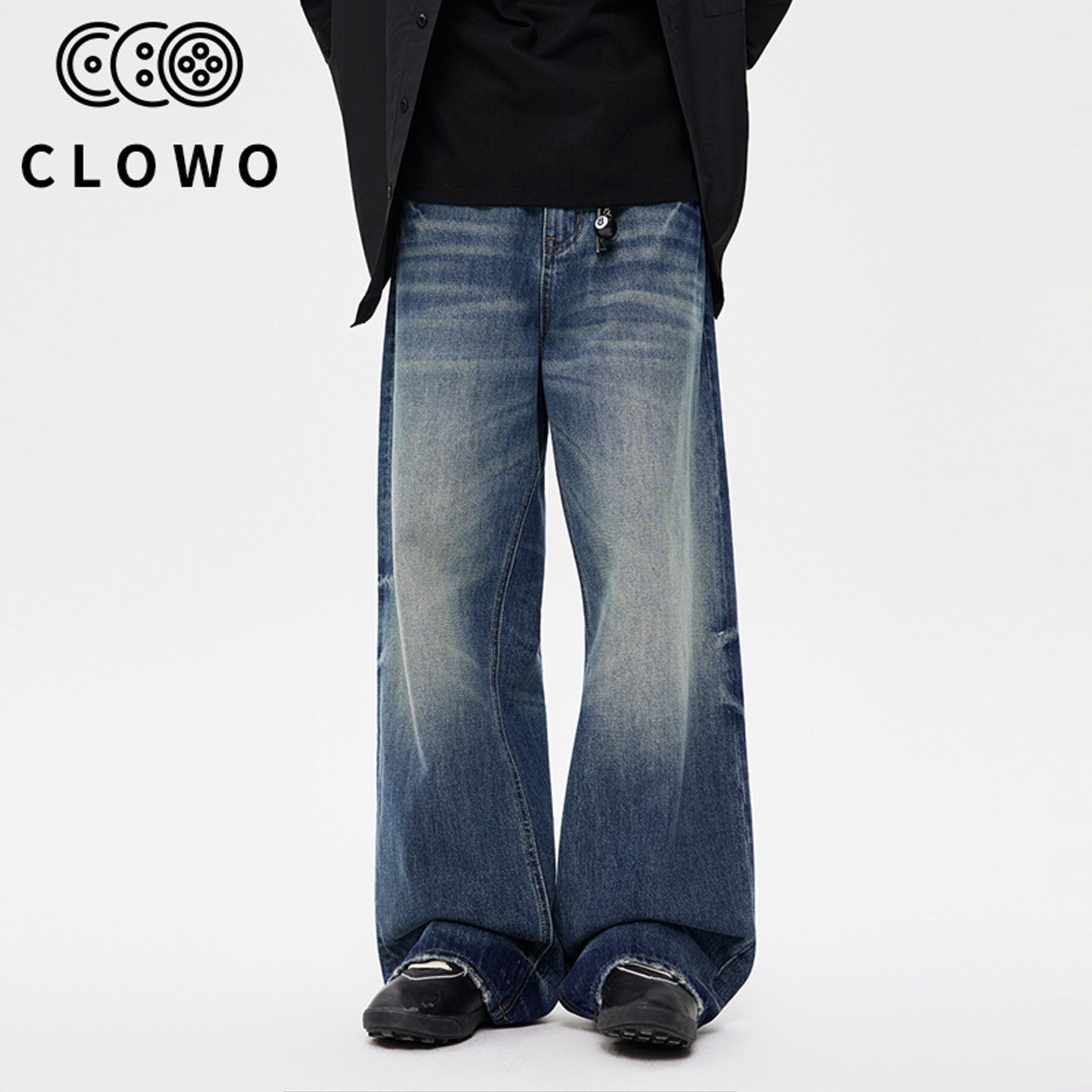 CLOWO·CH132美式复古阔腿牛仔裤猫须马骝百搭宽松垂感休闲男长裤
