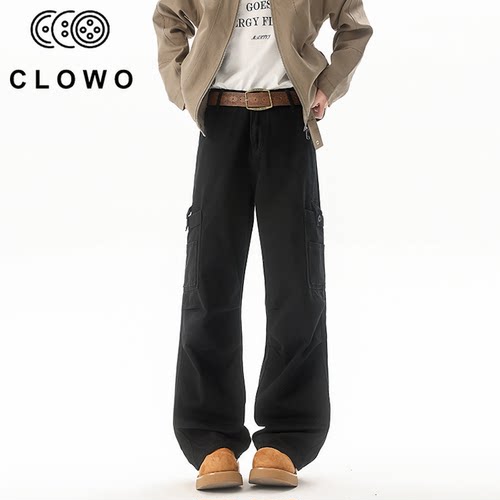CLOWO洗水工装直筒牛仔裤