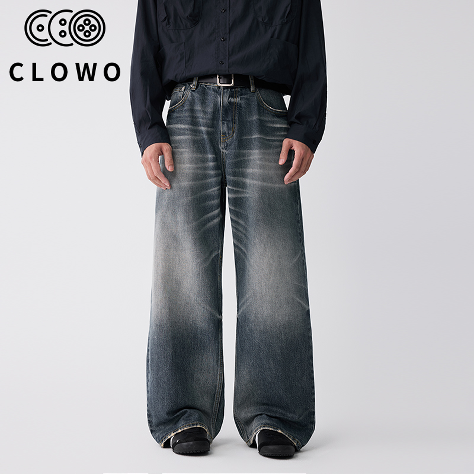 CLOWO·CH135美式重磅直筒牛仔裤大师设计蓝黑牛阔腿百搭猫须长裤