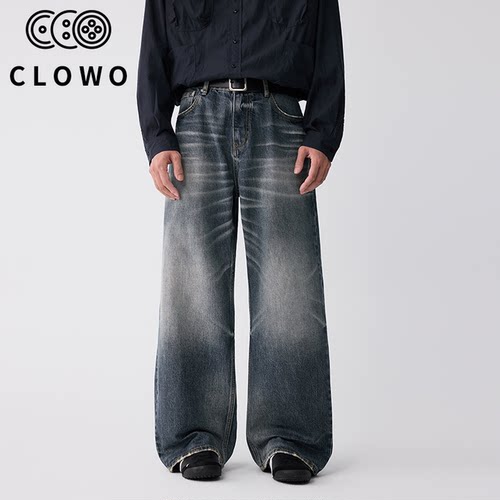CLOWO美式重磅复古猫须牛仔裤