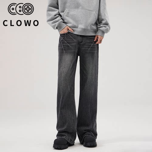 CLOWO美式水洗男宽松直筒牛仔裤