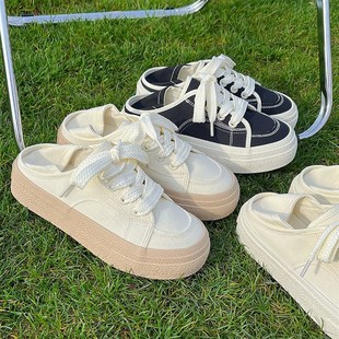 2023秋季新款厚m底两穿小白鞋女一脚蹬懒人半拖鞋薄款透气帆布鞋