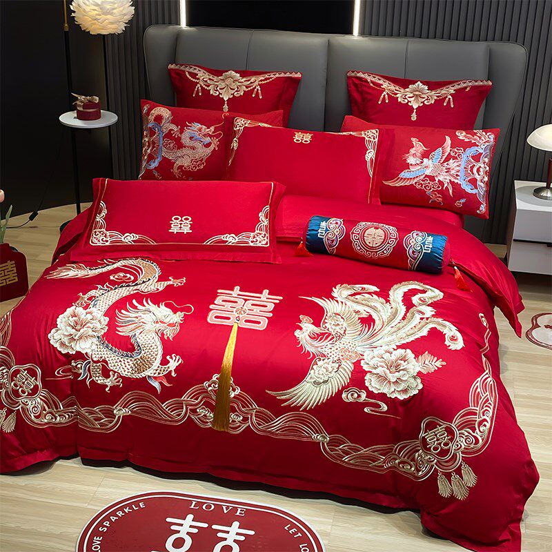 婚庆四件套大红中式龙凤刺绣新结婚陪嫁六件床单X被套床上用品,床上用品,婚庆床品套件,淘宝优惠券,粉丝福利购,淘宝优惠卷