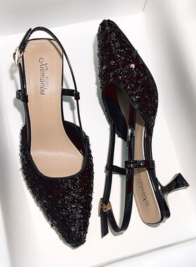 宽胖脚大码女鞋2025r款夏季包头凉鞋女细跟气质通勤亮片后空高跟