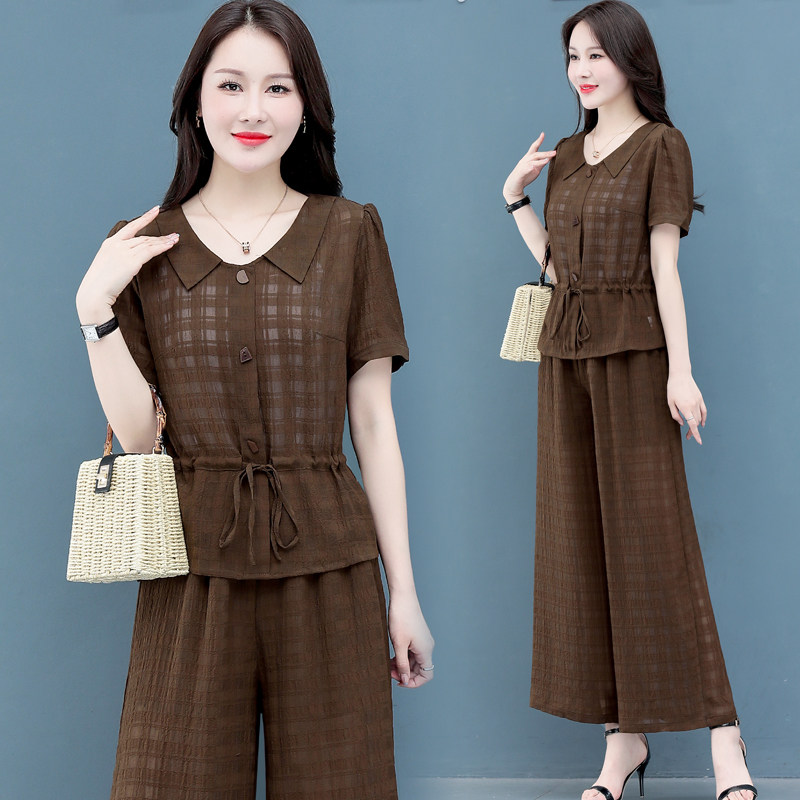夏季港风职业阔腿裤套装女妈妈雪纺休闲时尚2021年V新款小个子气