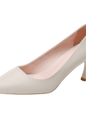 米白色高跟鞋女细跟2o022春7厘米小跟不累脚主持尖头法式配裙单鞋