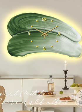 绿色奶油风静音钟表挂钟餐厅装饰画创意时钟餐桌墙画肌理感LED灯