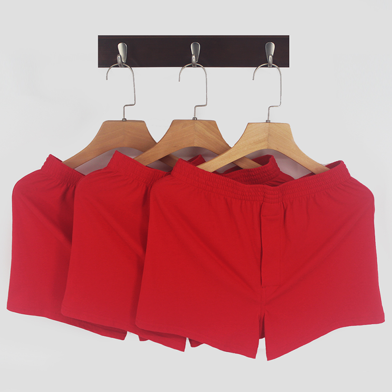 三条装男士纯棉阿罗裤宽松大码本命年红色平角内裤四角裤头短睡裤