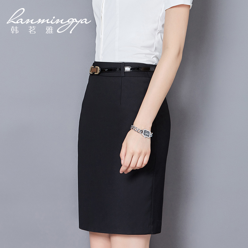 韩茗雅黑色职业西裙女夏中腰半身裙ol西装裙显瘦一步裙包臀工作裙