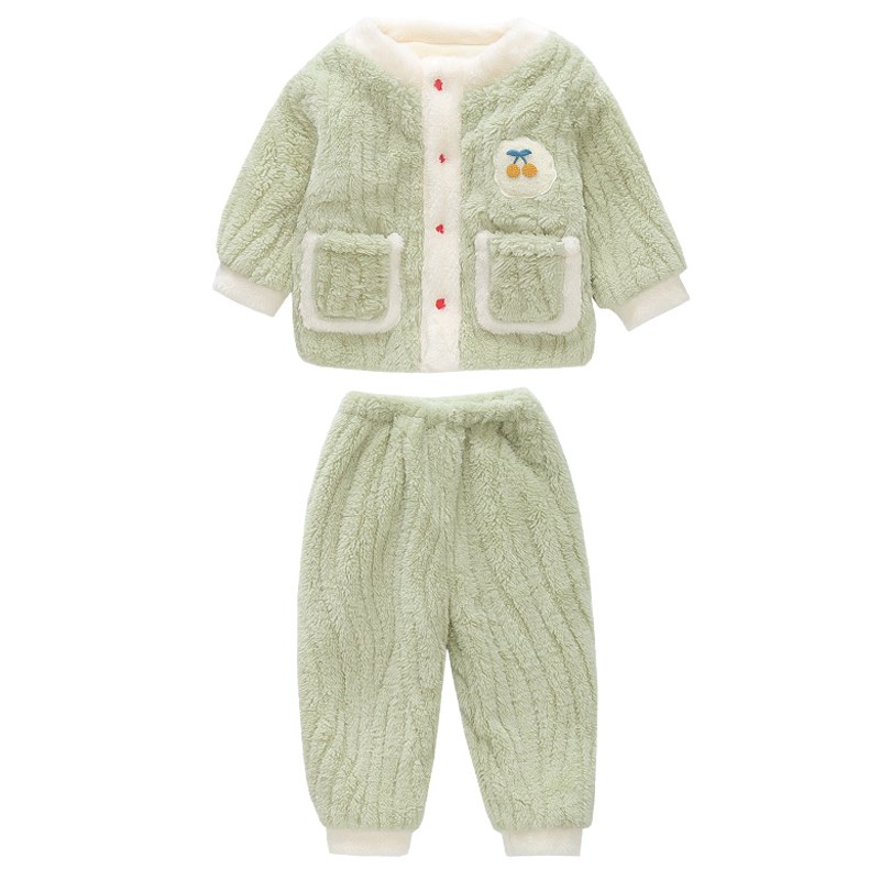 女童睡衣冬季双层加厚珊瑚绒小童女宝宝加绒冬款法兰绒儿童家居服