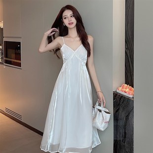 人鱼姬流光吊带连衣裙女新款仙女气质高腰暮云纱海边度假沙滩长裙